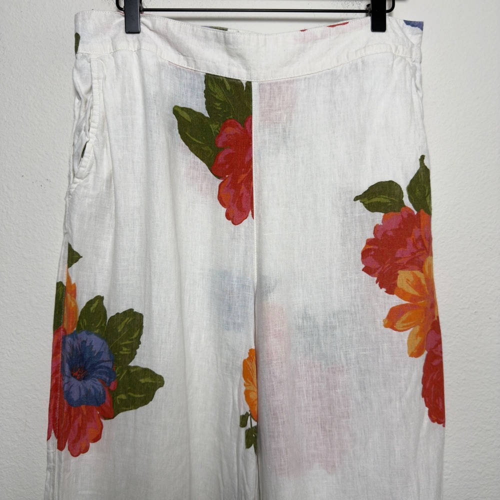 Joie Women 100% Linen Floral Wide Leg Culotte Pants Medium White Coastal Lagen - Picture 6 of 7